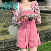 Lunivop Women’s High Waisted Pink Color Overalls Shorts Vintage Wide Leg Loose Denim Jumpsuit